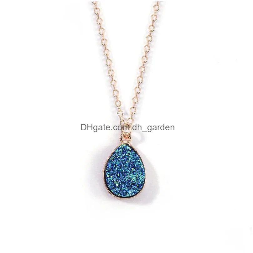 Pendant Necklaces High Quality Teardrop Resin Stone Crystal Druzy Pendant Necklace For Women Gold Plating White Pink Blue Fa Dhgarden Dht30