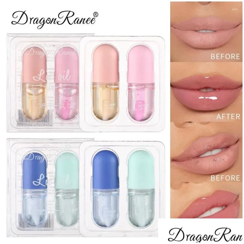 lip gloss 2pcs/set crystal jelly lips plumper oil instant volume moisturizing repairing reduce fine line sexy enhancer makeup tool
