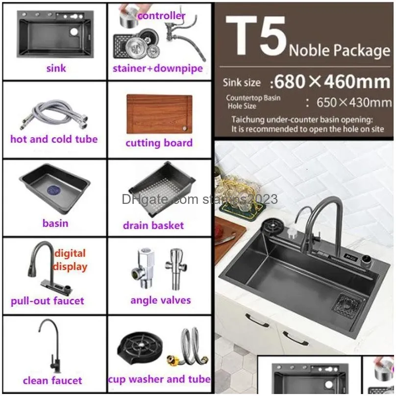 Kitchen Sinks Waterfall Sink Stainless Steel Topmount Large Single Slot Wash Basin With Mtifunction Touch Faucet 230616 Drop Delivery Dh4M6