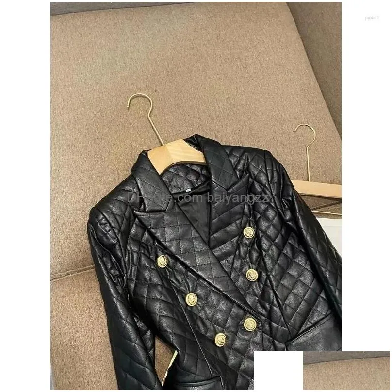 womens leather 2023 spring autumn jacket high end black short shoulder cushion customized casual setting suit coat for women