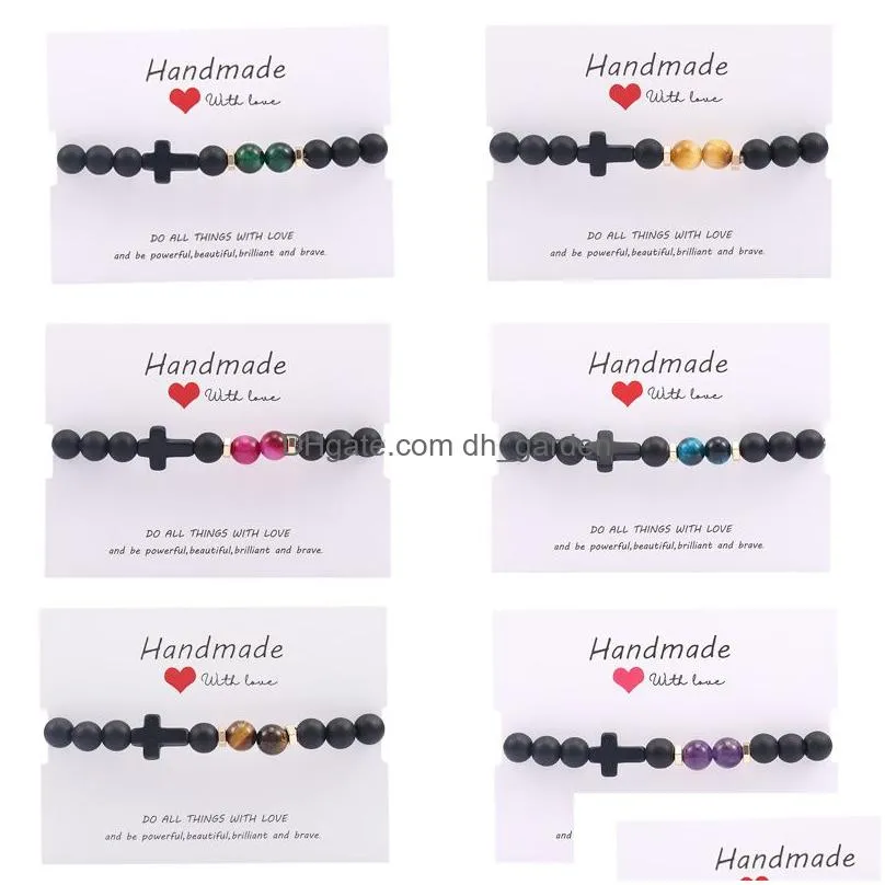 Beaded Fashion Design Natural Black Matte Stone Agate Beads Bracelet For Men Cross Charm Handmade Elastic Rope Adjustable D Dhgarden Dhcxo