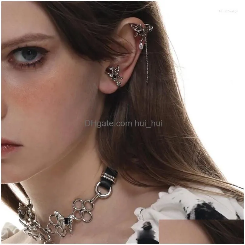 backs earrings 1pc earclip y2k butterfly for women black crystal waterdrop tassel chain cartilage no pierced ear cuff jewlery ef113