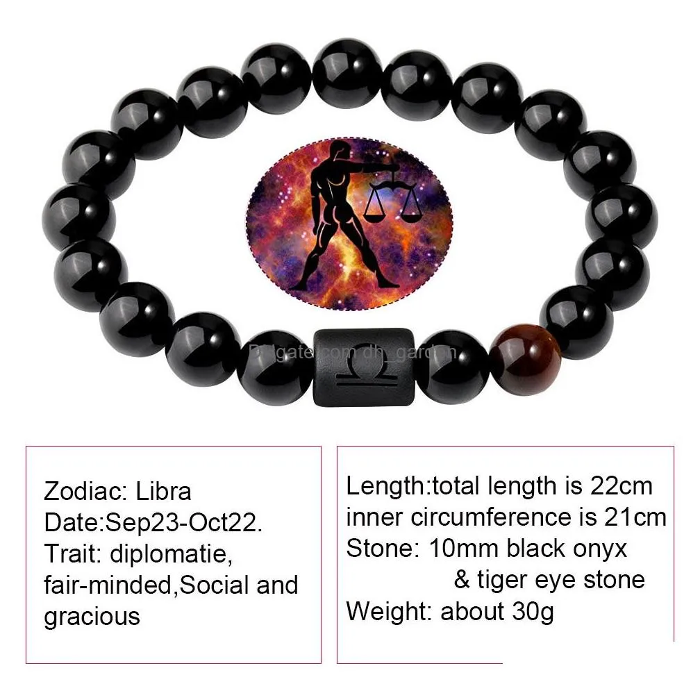 Beaded Fashion 12 Constellation Black Agate 10Mm Beaded Strands Bracelets For Men Women Tiger Eyes Beads Natural Stone Brac Dhgarden Dh0Aj