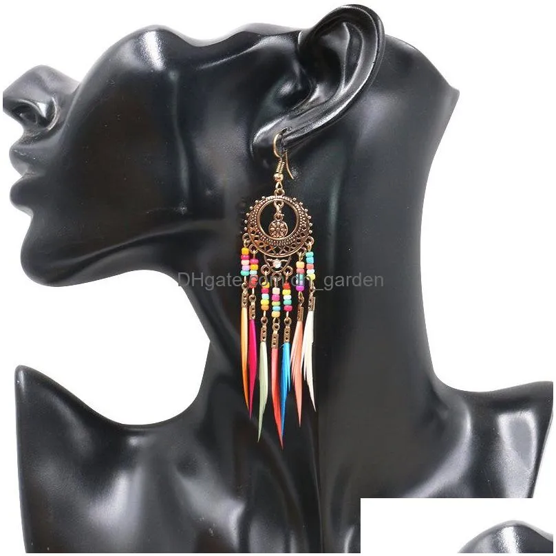 Dangle & Chandelier Golden Sier Vintage Ethnic Rainbow Colors Beads Feather Dangle Drop Earrings For Women Female Wedding T Dhgarden Dhljk