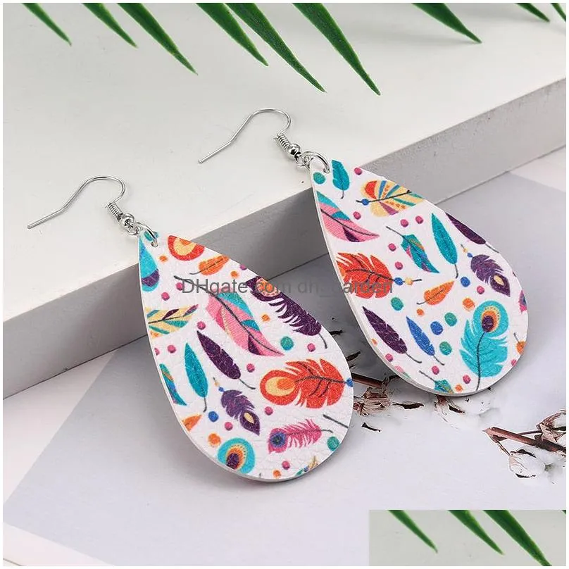 Dangle & Chandelier Designer Feather Printed Pattern Leather Earring For Women Girls Pu Printing Dangle Earrings Oval Water Dhgarden Dhxz5