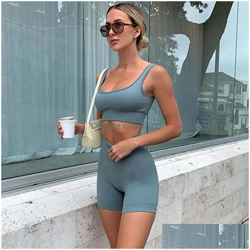 yoga outfit women seamless set fitness suit sportswear ribbed gym clothing sleeveless crop top tights high waist leggings workout