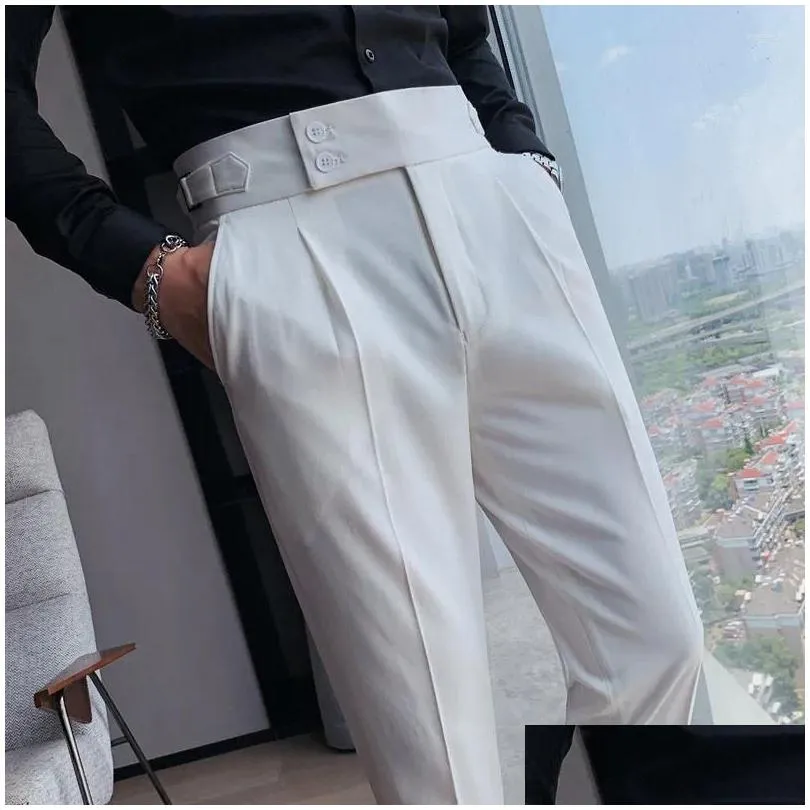 men`s suits cropped man suit pants high waist wedding groom party dress office formal mens pencil pant slim fit casual male trousers