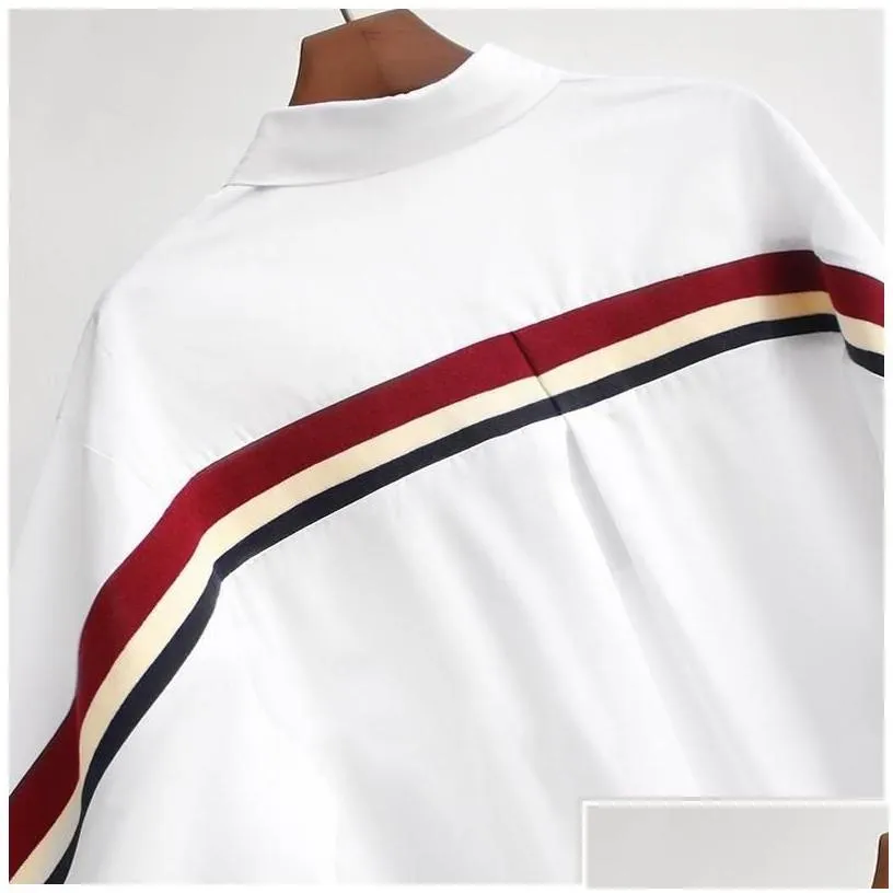 WomenS Blouses Shirts Womens 2021 White Loose Button Up Stripe Bandage Women Turn-Down Collar Woven Long Sleeve Plus Size Ladies