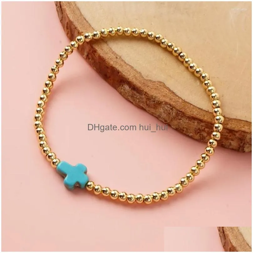 charm bracelets yastyt golden beads boho copper handmade natural turquoise processed cross pendant bracelet for women men