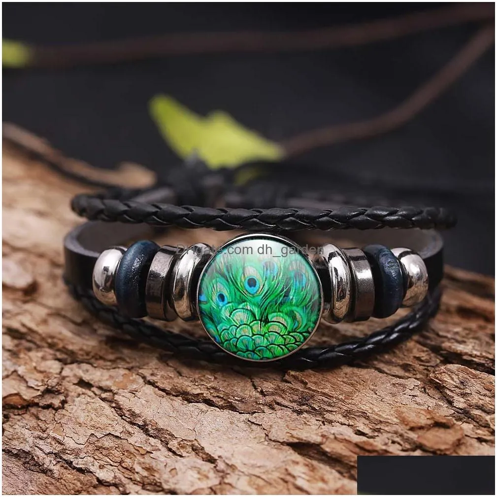 Chain Handmade Peacock Pattern Glass Dome Leather Bracelet For Women Men Buddhism Mtilayer Om Yoga Trendy Jewelry Gift Drop Dhgarden Dhig4