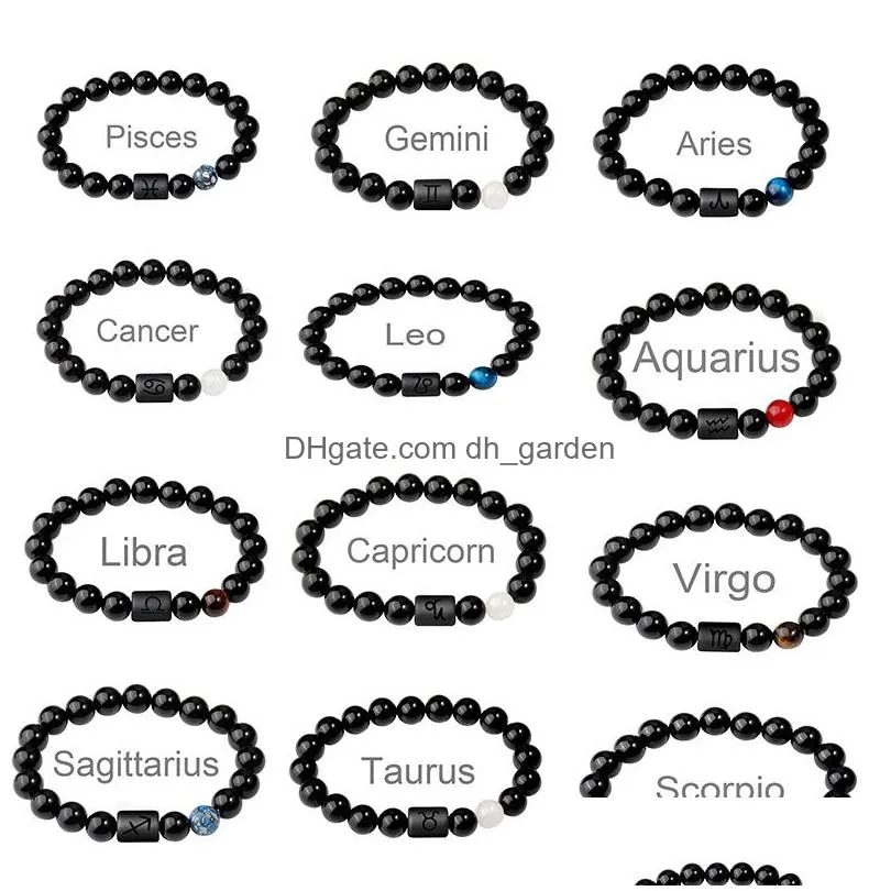 Beaded Fashion 12 Constellation Black Agate 10Mm Beaded Strands Bracelets For Men Women Tiger Eyes Beads Natural Stone Brac Dhgarden Dh0Aj