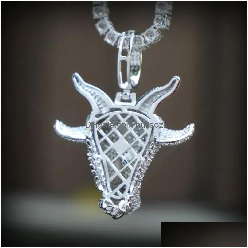 hip hop iced goat head pendant in white gold with stainless steel rope chain for men women6546756