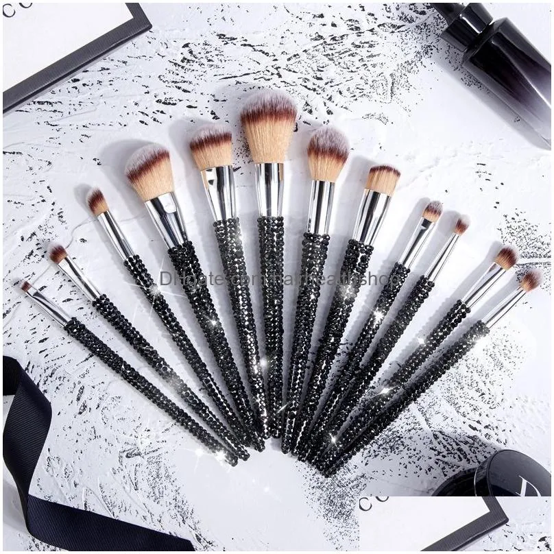 Makeup Brushes 12Pcs Custom Logo Bling Make Up Rhinestone Synthetic Diamond Glitter Sparkle Makeup Brush Set Drop Delivery Health Beau Dhgau