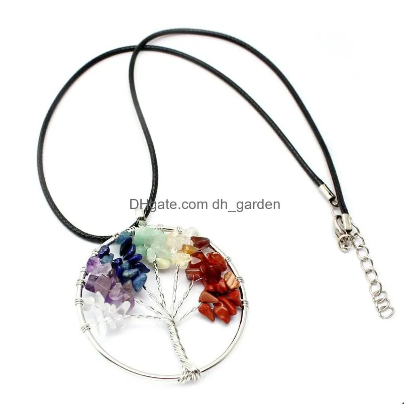 Pendant Necklaces Natural Crushed Stone Healing Crystals Quartz Tree Of Life Pendant Necklaces 7 Chakras Gemstone Handmade J Dhgarden Dhzvp