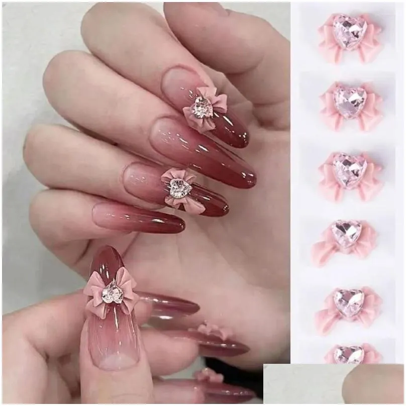 nail art decorations manicure supplies charming 3d heart faux pink bow charms rhinestones for phone case accessories