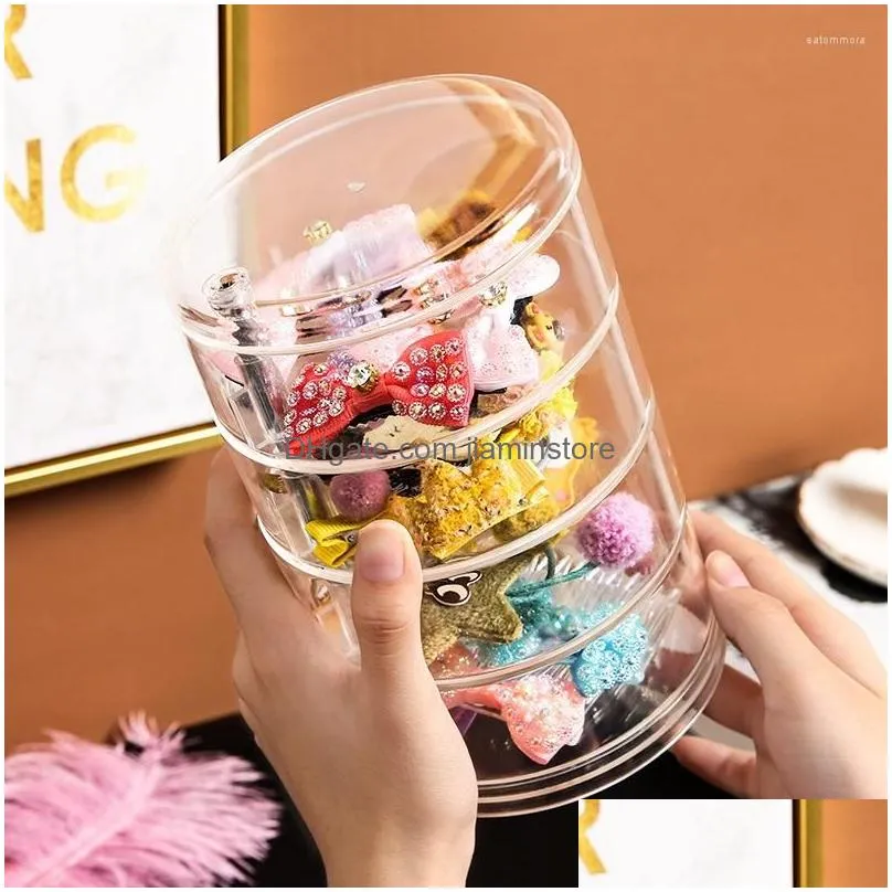 Jewelry Pouches, Bags Jewelry Pouches Childrens Hair Accessories Storage Box Hairpin Head Rope Rubber Band Transparent Rotation Drop D Dhnvj