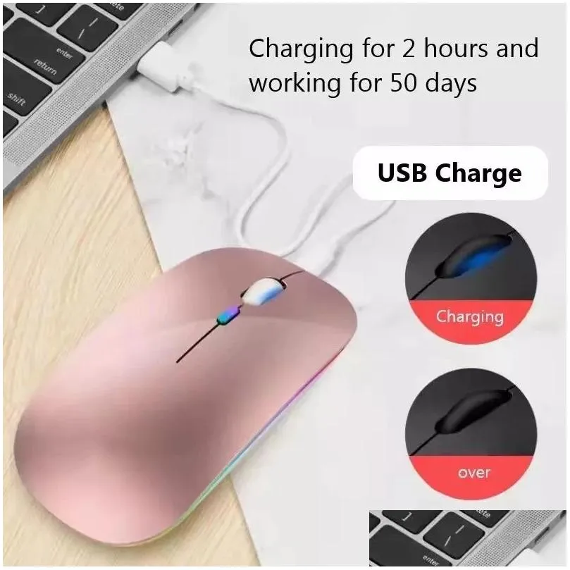 Mice Bluetooth Usb Wireless Mouse Rechargeable 2.4Ghz Led Light Noiseless Ergonomic Design Touch For Laptop Book Ipad Pc Computer Drop Dhokr