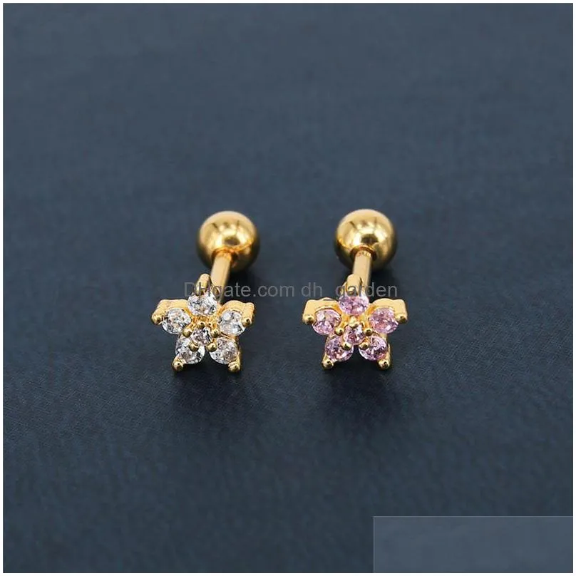 Stud New 4 Color Flower Cz Stud Earrings For Women Girl Gold Sier Titanium Steel 5A Flash Zircon Studs Elegant Jewelry Drop Dhgarden Dhwo1