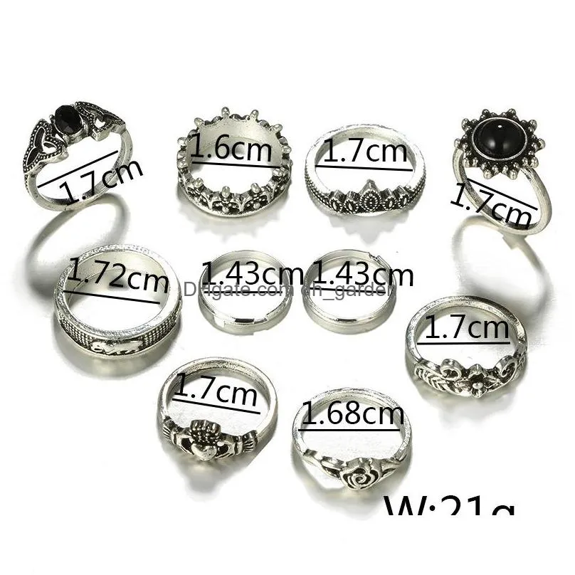 Cluster Rings Fashion Hollow Flower Elephant Heart Shape Ring Set For Women Bohemia Style Big Vintage Alloy Knuckle Rings 1 Dhgarden Dhlbm