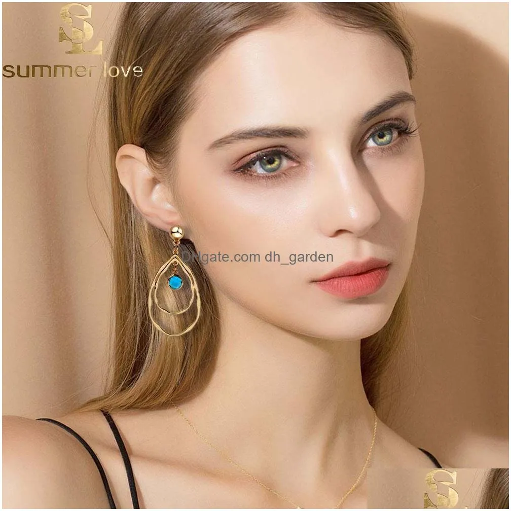 Dangle & Chandelier New Fashion Gold Color Double Hollow Big Waterdrop Dangle Earrings For Women Girl Small Round Crystal D Dhgarden Dhz4K