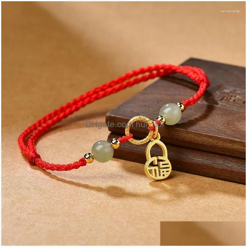 charm bracelets hand-woven hetian jade transfer bead qiankun circle red rope lucky bangle women men fu bracelet size adjust drop