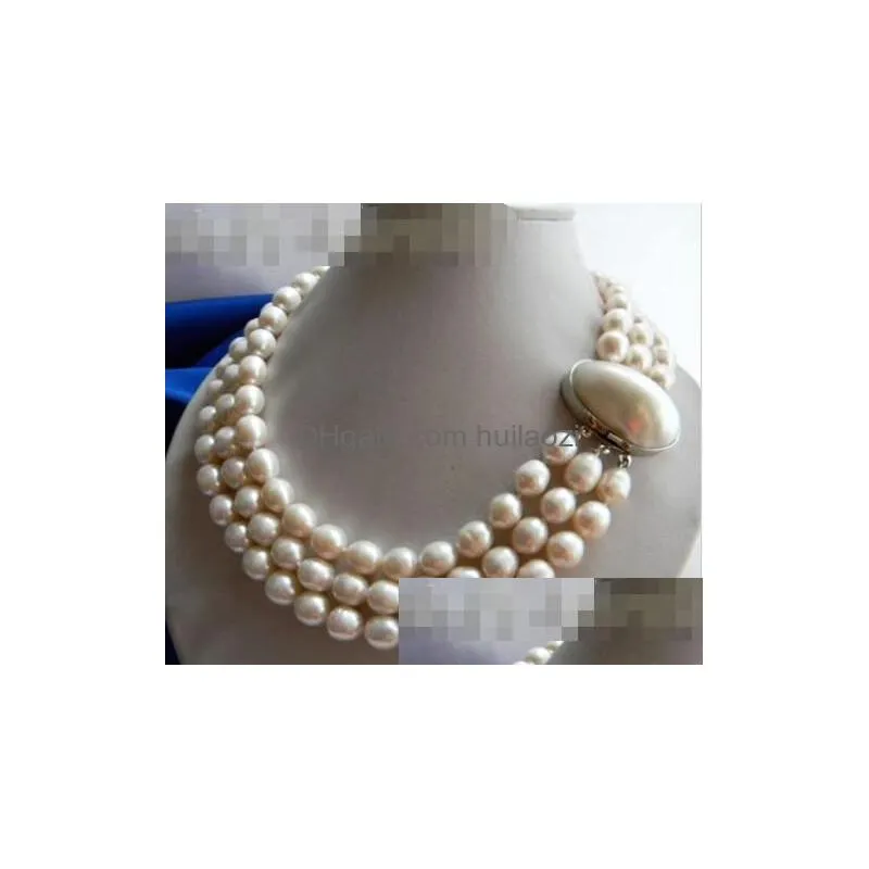 3strands 11mm white rice freshwater pearl necklace012348058543