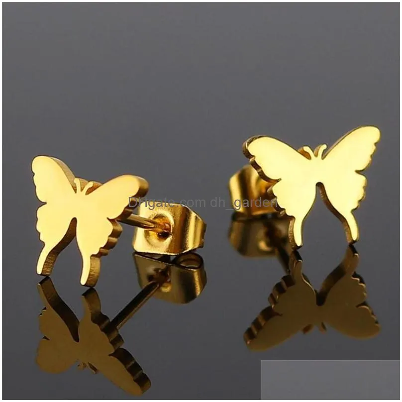 Dangle & Chandelier Fashion 4 Color Butterfly Stainless Steel Stud Earrings For Women Girls Gold Sier Rose Black Earring Je Dhgarden Dhakt