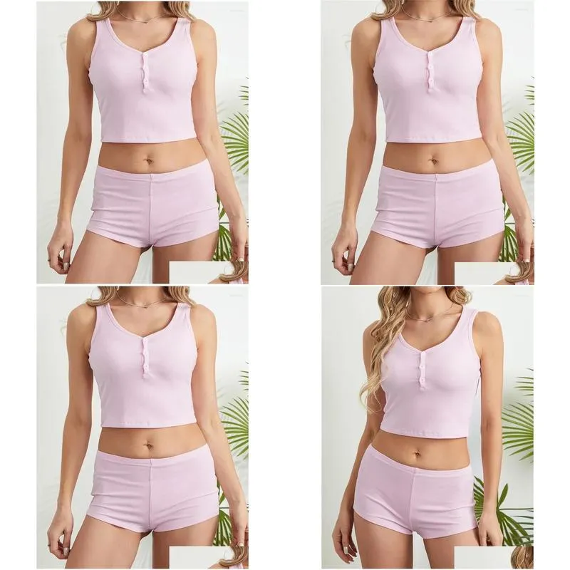 women`s sleepwear chronstyle women 2 pieces pajama sets solid color summer tank tops and elastic waist shorts loungewear nightwear