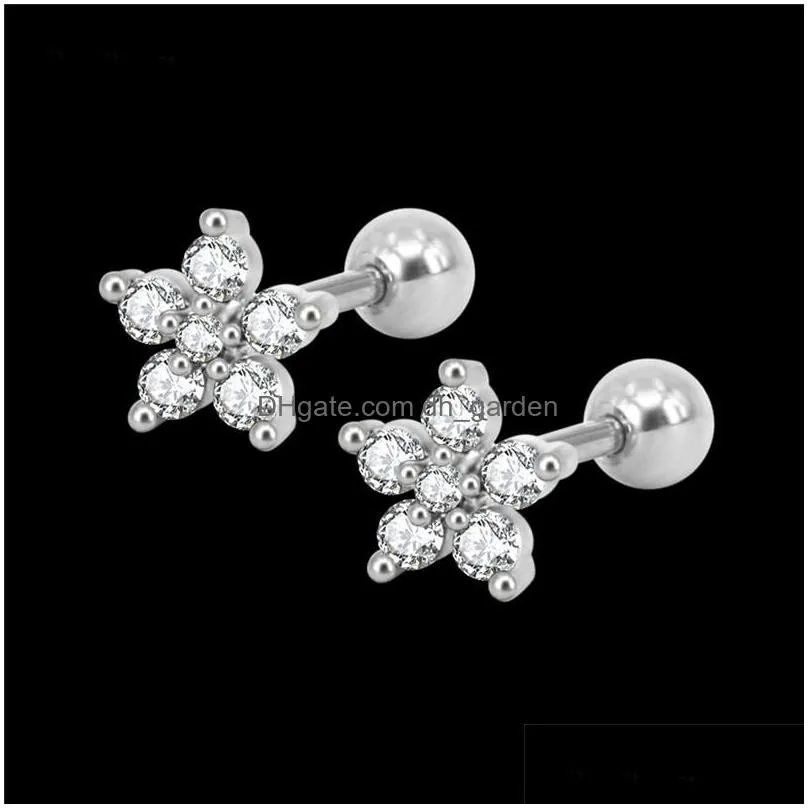 Stud New 4 Color Flower Cz Stud Earrings For Women Girl Gold Sier Titanium Steel 5A Flash Zircon Studs Elegant Jewelry Drop Dhgarden Dhwo1