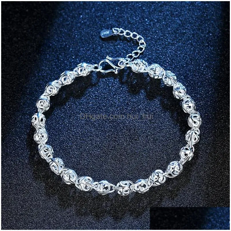 charm bracelets pretty lovely hollow ball chain 925 stamp silver bracelet for women fashion wedding party holiday gift fine