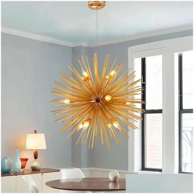 Chandeliers Golden Aluminium Tube Spark Ball Chandelier Fireworks Dandelion Lighting Luminarias Pendant Lamp Fixtures Drop Delivery Dhlos