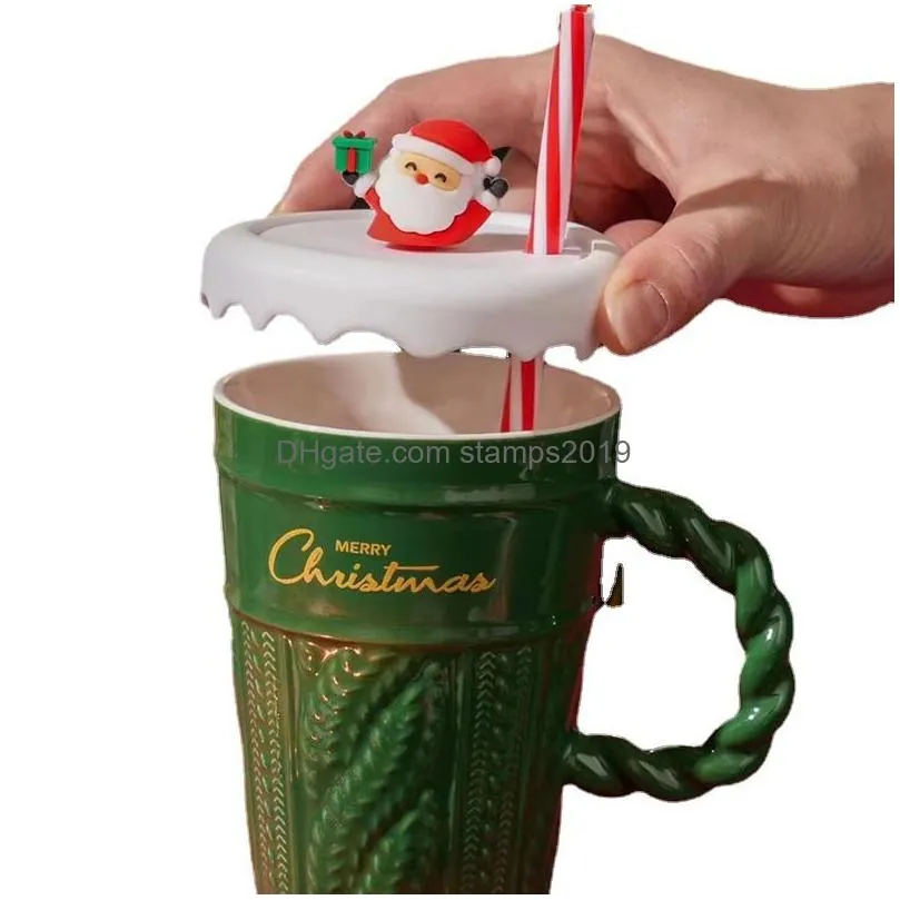 creative christmas mug christmas tree ceramic water mug high appearance horizontal ceramic cup with covered straw with hand gift