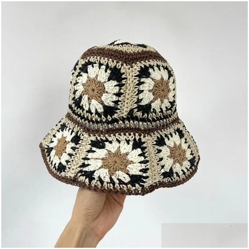 Berets Boho Braided Bucket Hat Women Harajuku Big Brim Sun Bob Cap Cloghet Flowers Fishing Girl Vacation Foldable Panama Drop Deliver Dh0Za