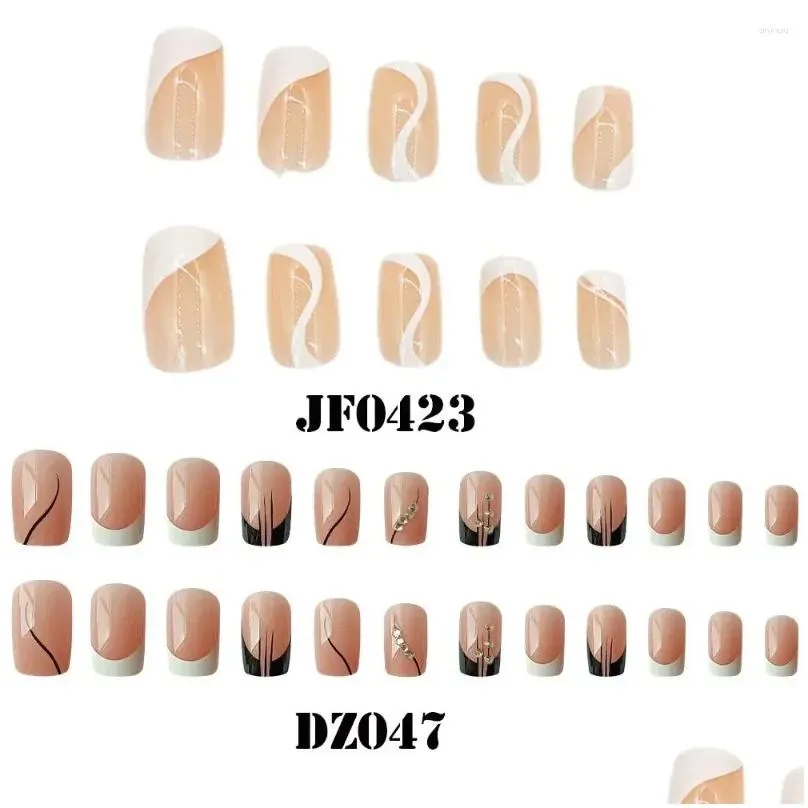 false nails 24pcs fake long square french wavy crystal full cover press on diy manicure nail tips