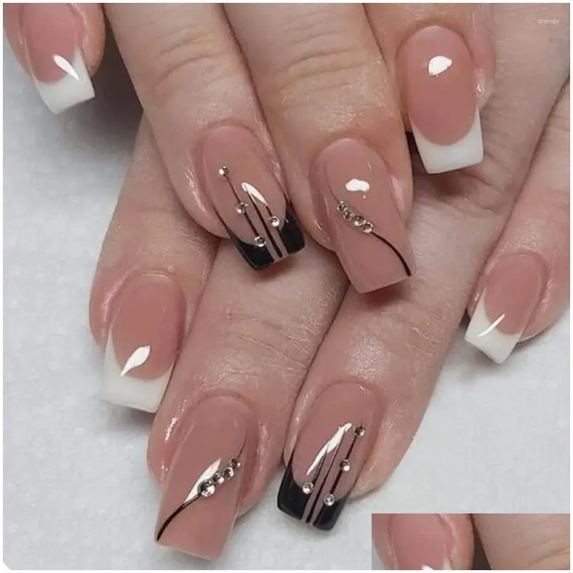 false nails 24pcs fake long square french wavy crystal full cover press on diy manicure nail tips