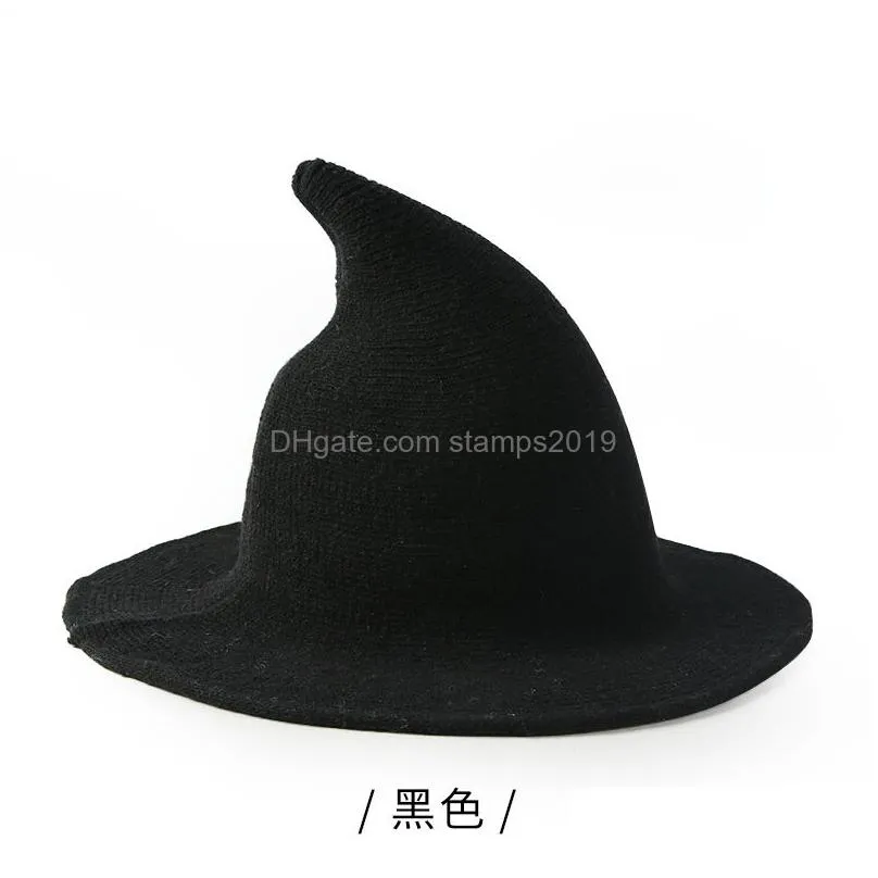 halloween witch hat cosplay wizard hats solid color wool knitting women warm knitted witch cap