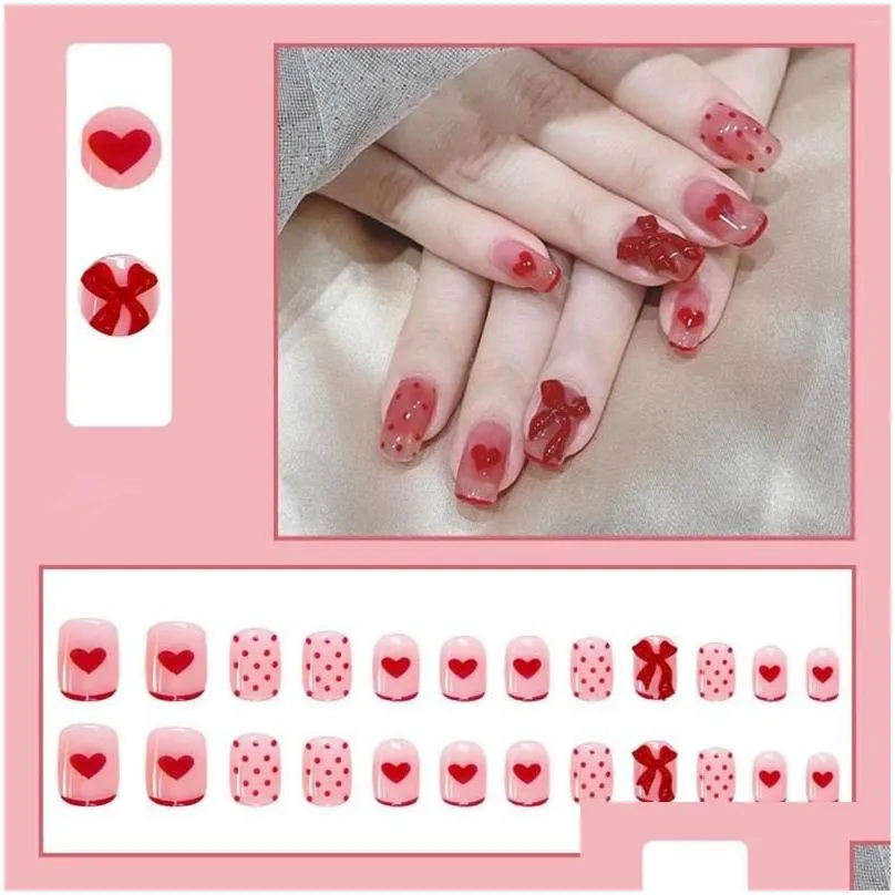 false nails square short press on glue gradient with 3d bowknot design for professional nail salon