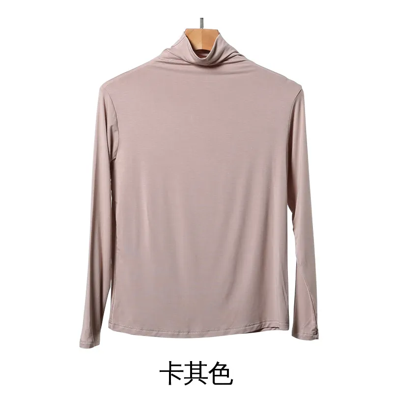 2023 autumn winter womens trackless high-neck t-shirt modal solid color large size base shirt with top