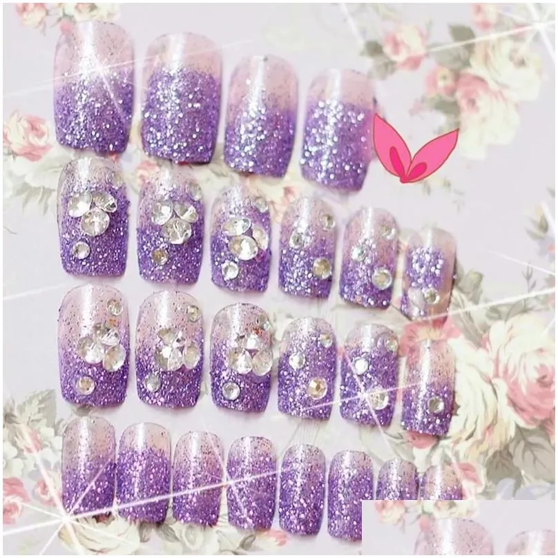 false nails purple glitter rhinestone nail bride party artificial double sided wedding accessories art tips