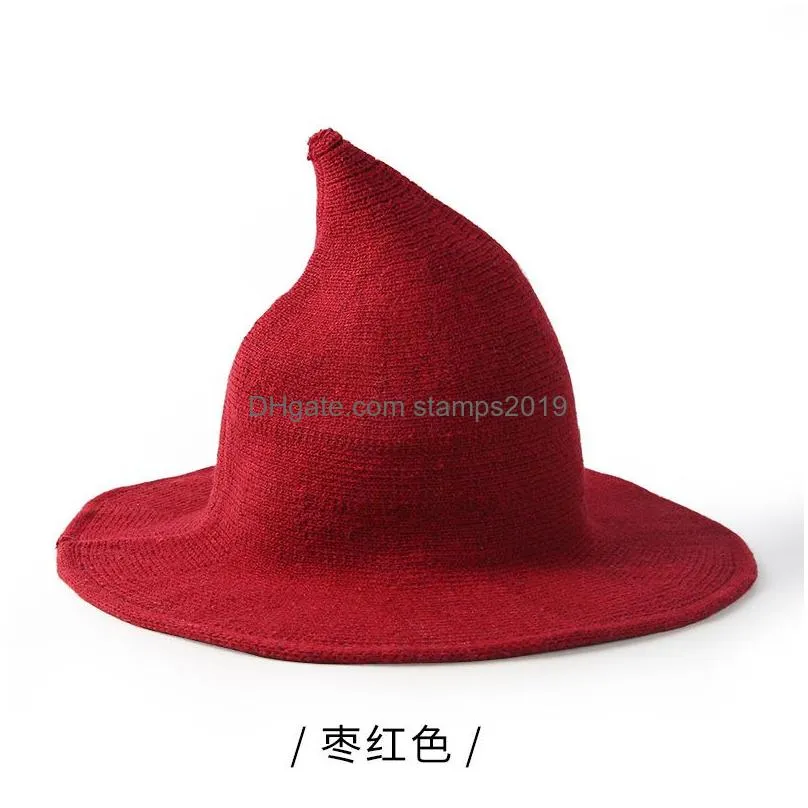 halloween witch hat cosplay wizard hats solid color wool knitting women warm knitted witch cap