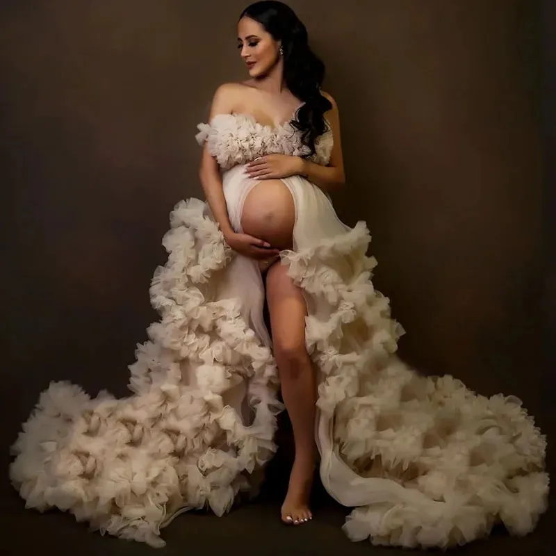 Gowns Photoshoot V Neck Ruffles A Line Sweep Tulle Pregnant Sexy Women Maternity Dresses for Photo Shoot