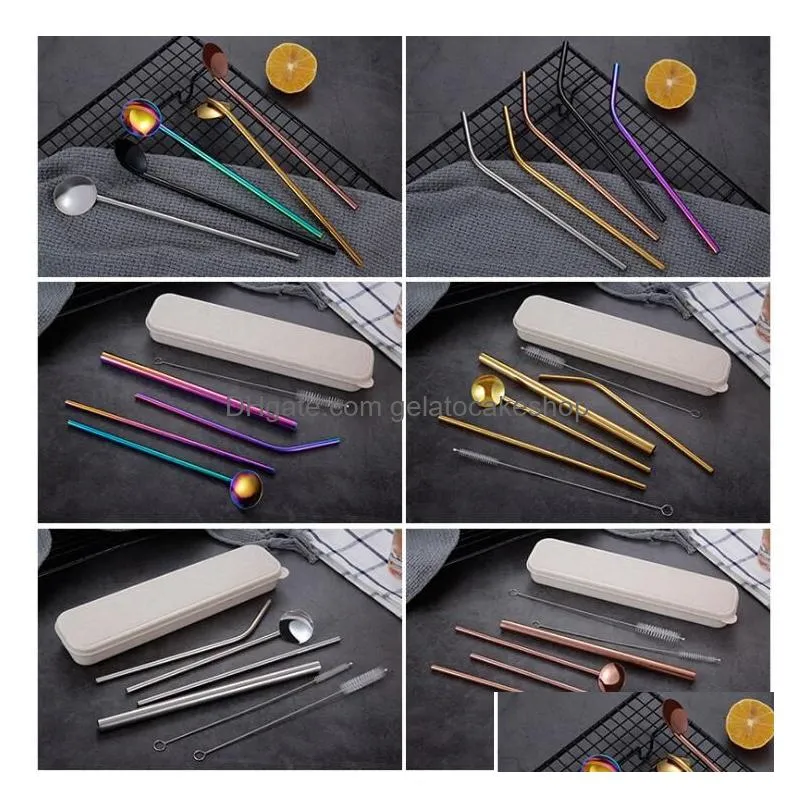 reusable 304 stainless steel drinking straws set straight bent smoothies drinking straws spoon set with brush 7pcs/set