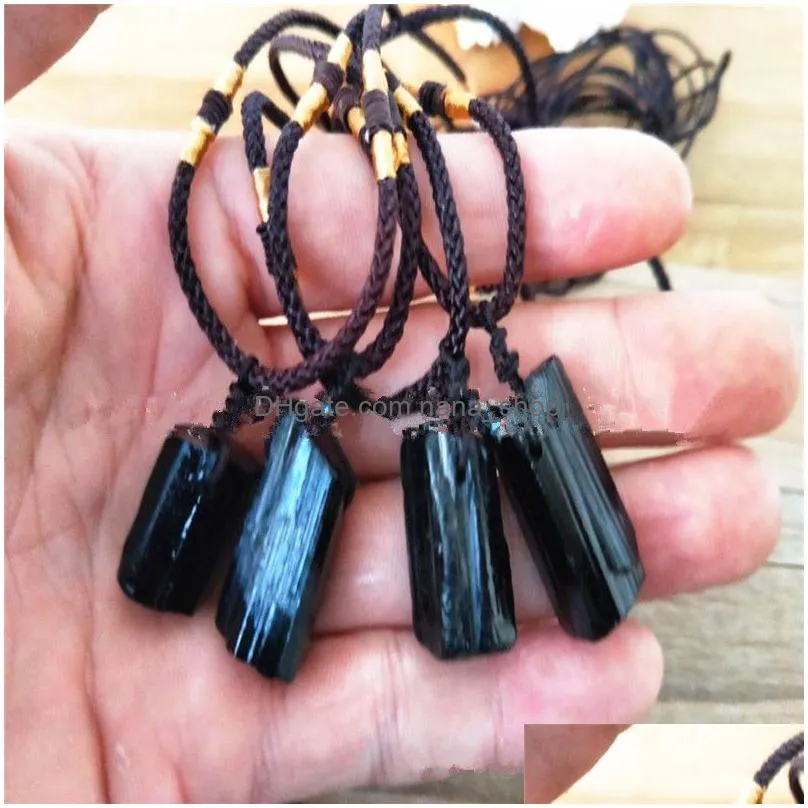 Pendant Necklaces 1Pc Natural Crystal Black Necklaces Schorl Pillar Tourmaline Stone Pendants Fashion Jewelry Accessories Gift Qly9388 Dh01S