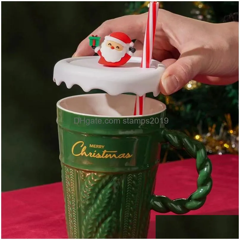 creative christmas mug christmas tree ceramic water mug high appearance horizontal ceramic cup with covered straw with hand gift