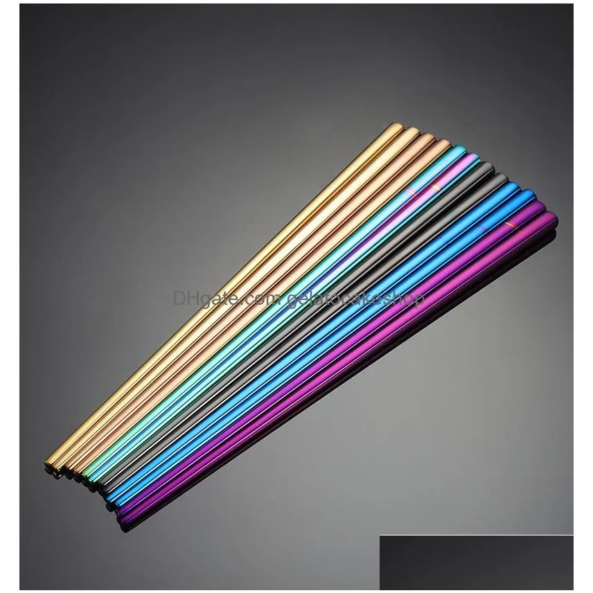 glossy titanium plated chopsticks anti scalding high-grade 304 stainless steel rainbow golden black square chopsticks