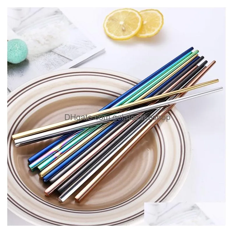 glossy titanium plated chopsticks anti scalding high-grade 304 stainless steel rainbow golden black square chopsticks