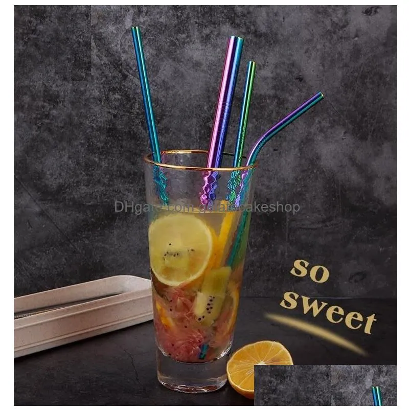 reusable 304 stainless steel drinking straws set straight bent smoothies drinking straws spoon set with brush 7pcs/set