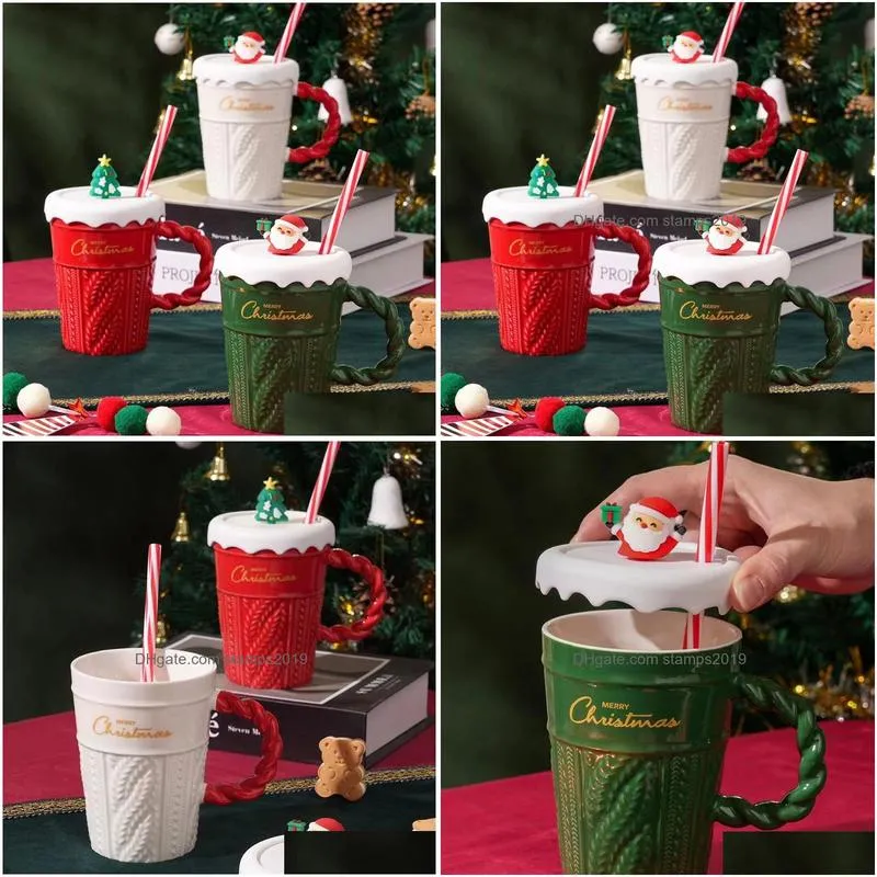 creative christmas mug christmas tree ceramic water mug high appearance horizontal ceramic cup with covered straw with hand gift
