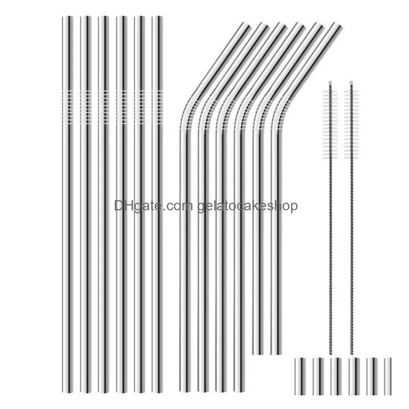 dhs reusable stainless steel metal drinking straw bent and straight type and cleaner brush for home party bar