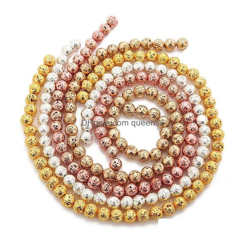 Stone Plated Lava Volcanics Loose Beads Gold/Sier/Rose Gold/Kc Gold Round Stone Energy Diy Jewelry Drop Delivery Jewelry Loose Beads Dhiiq